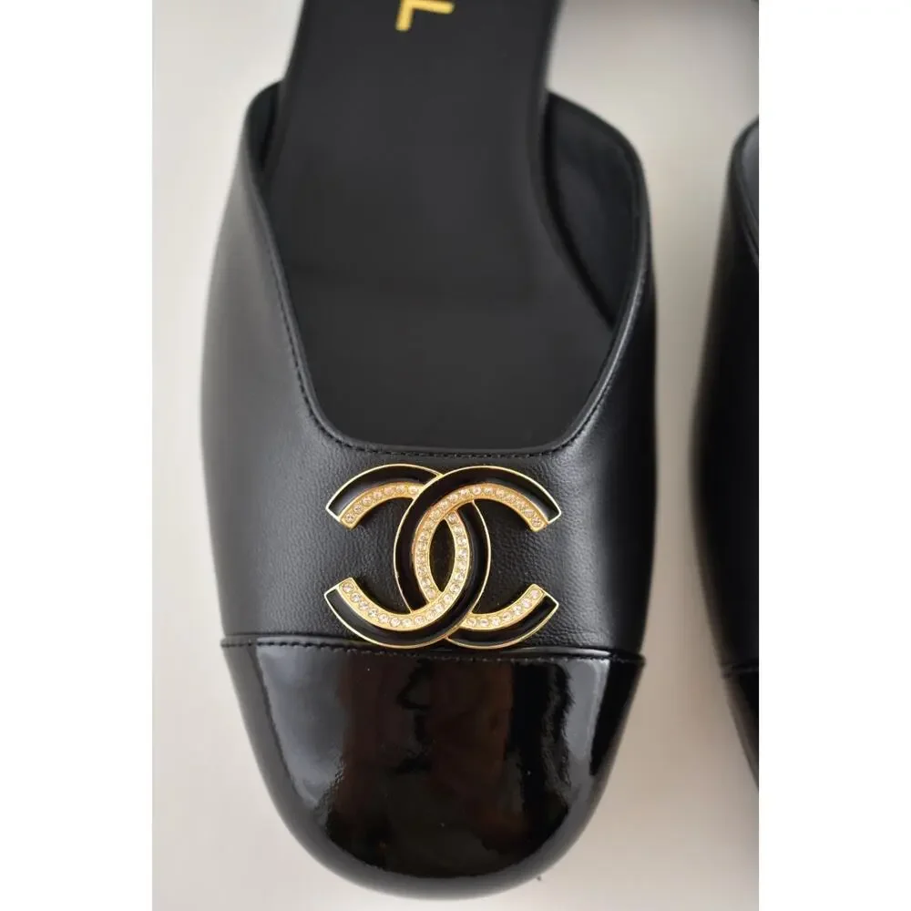 Chanel 25P Black Patent Gold CC Slingback Ankle Strap Ballerina Ballet Flat 40.5